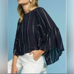 Anthropologie Floreat Striped Navy Silver Bell Sleeve Blouse Women’s Spring
